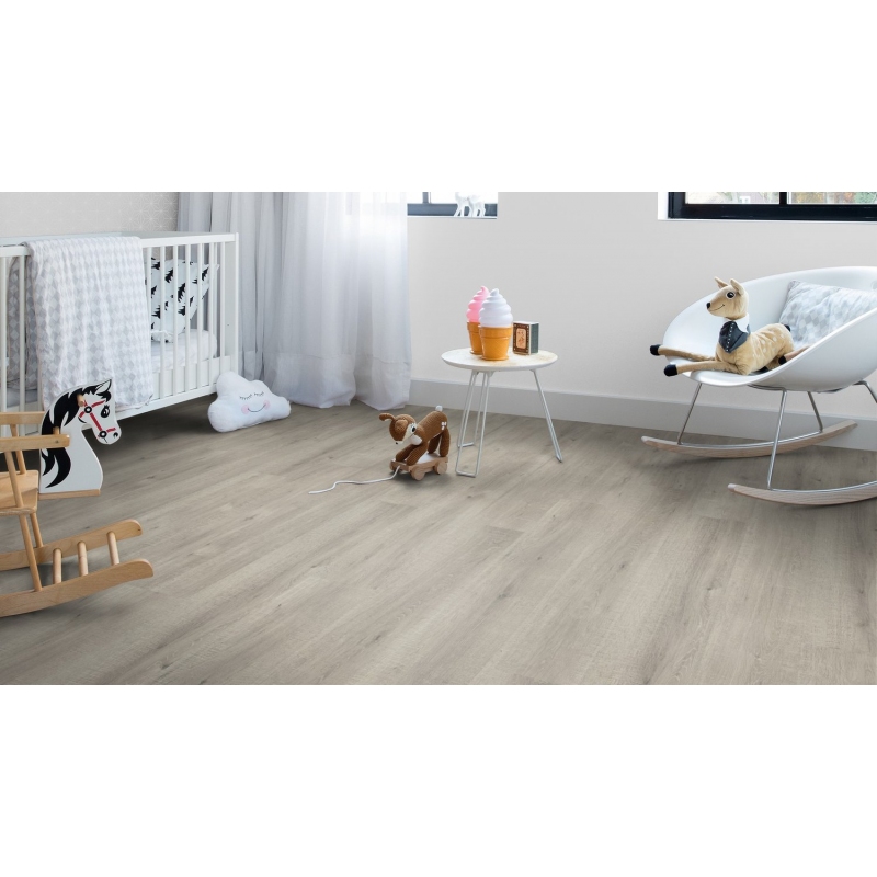 Piso Laminado Quick Step Eligna Wide 8mmx19x1,38cm (m²) Carvalho Acinzentado c/ Cortes de Serra QEW 3680